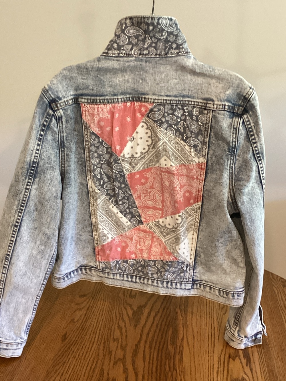 DRIFTWOOD Acid Wash Denim Jacket with Pink & Gray Bandana Back Patch